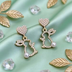 Pearl & Crystal Bunny Rabbit Drop Earrings Whimsical Coquette Gift
